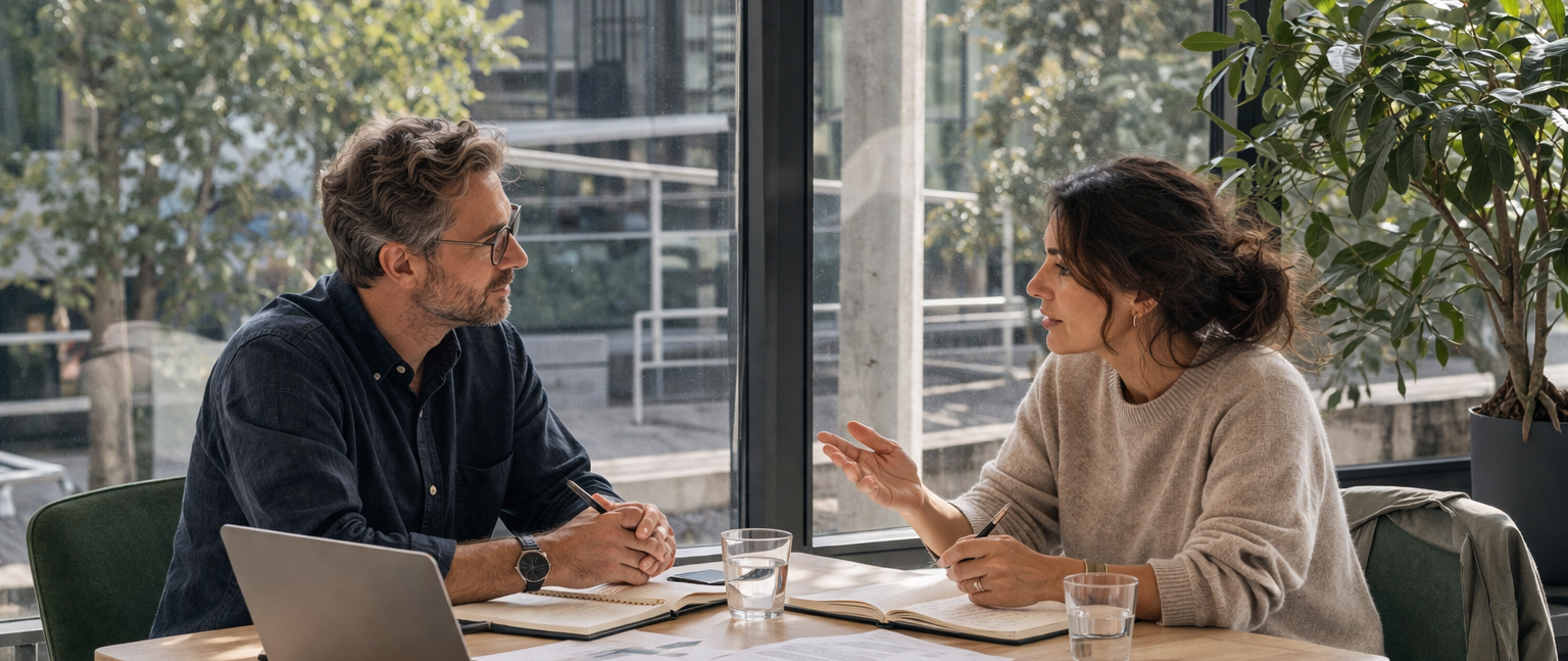 Zwei Erwachsene sprechen in einem hellen Büro an einem Tisch über Unterlagen