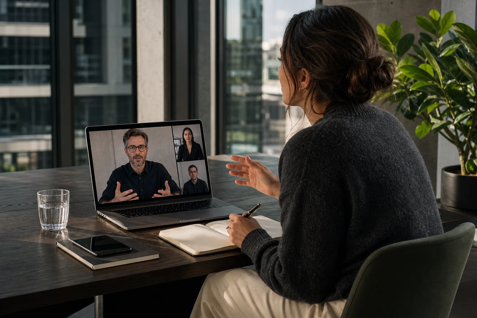 Mitarbeiterin nimmt am Laptop an einem live geführten Online-Deutschkurs teil